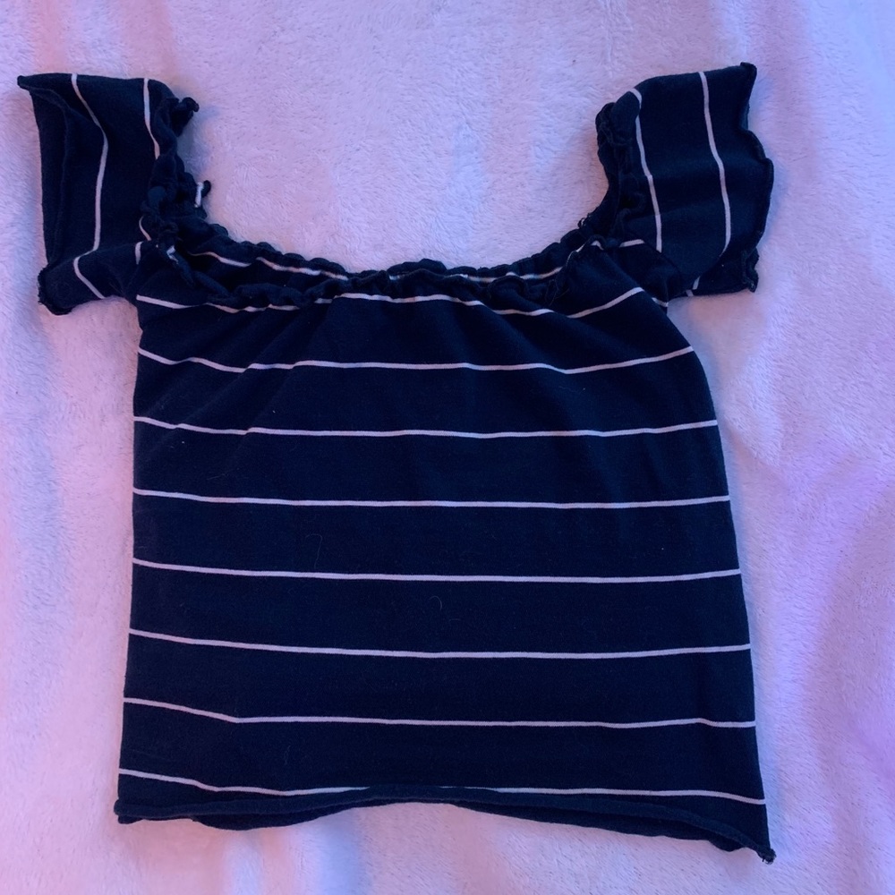 blue and white off the shoulder top.